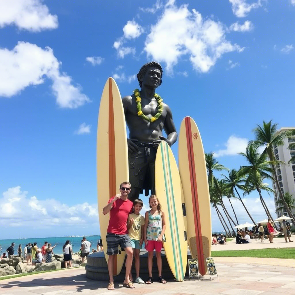 Waikiki family fun at Duke Kahanamoku Statue with surfboards