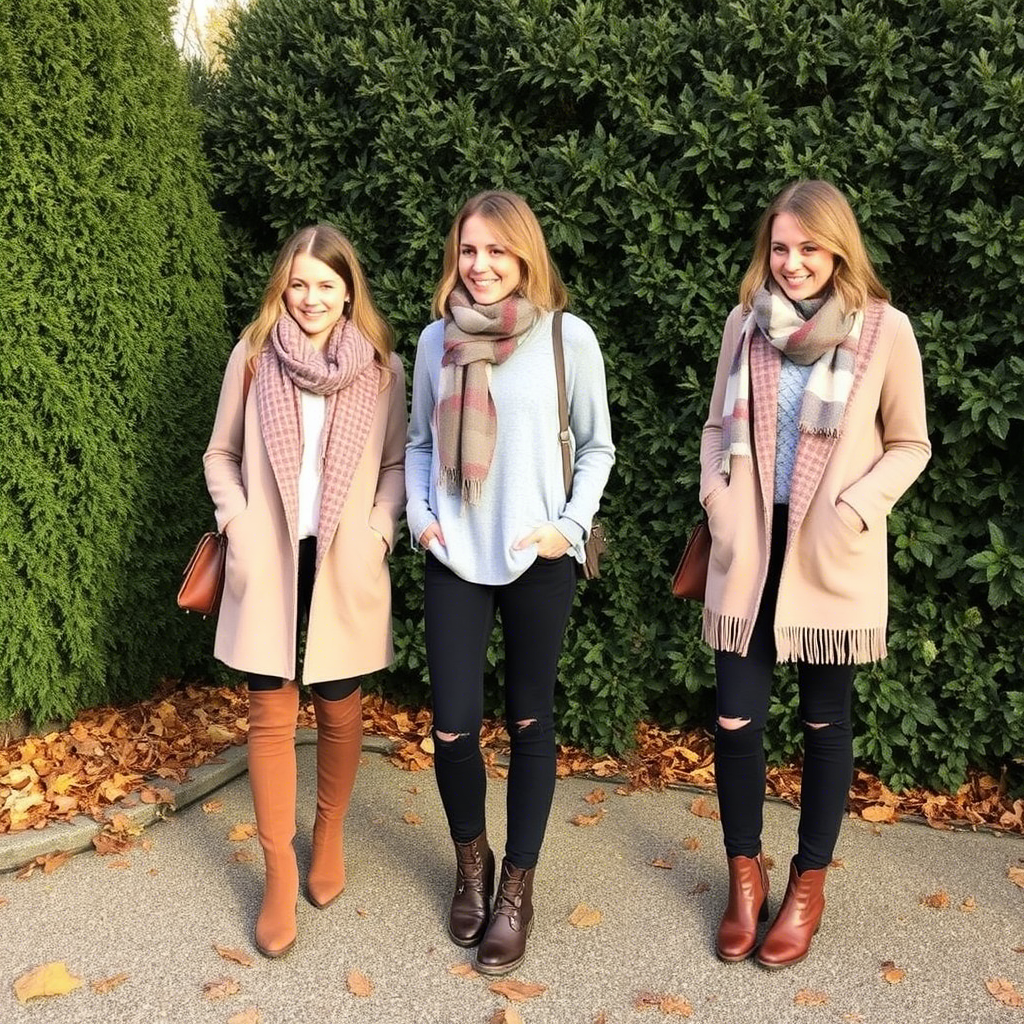 Warm-toned outfits with scarves and boots for a crisp autumn day