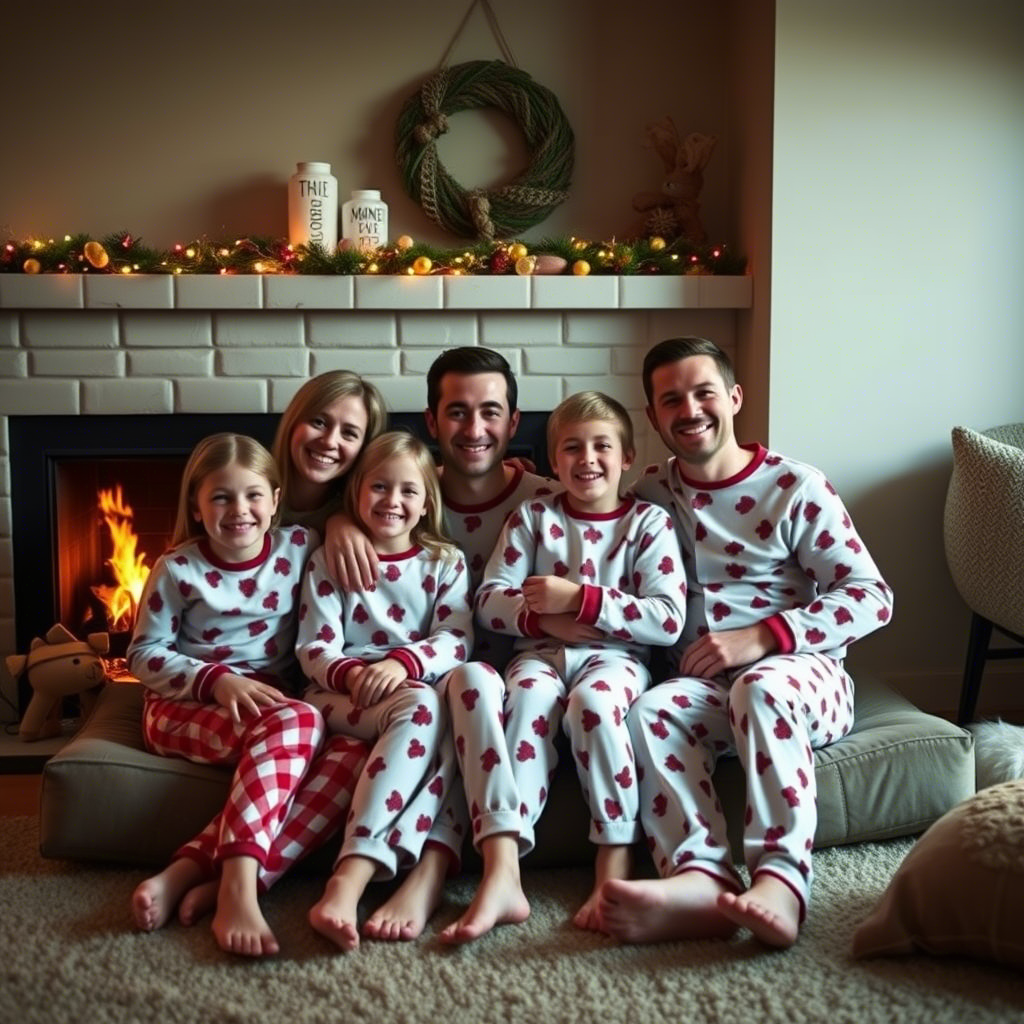 Whole family snuggled up in matching PJs by a fireplace