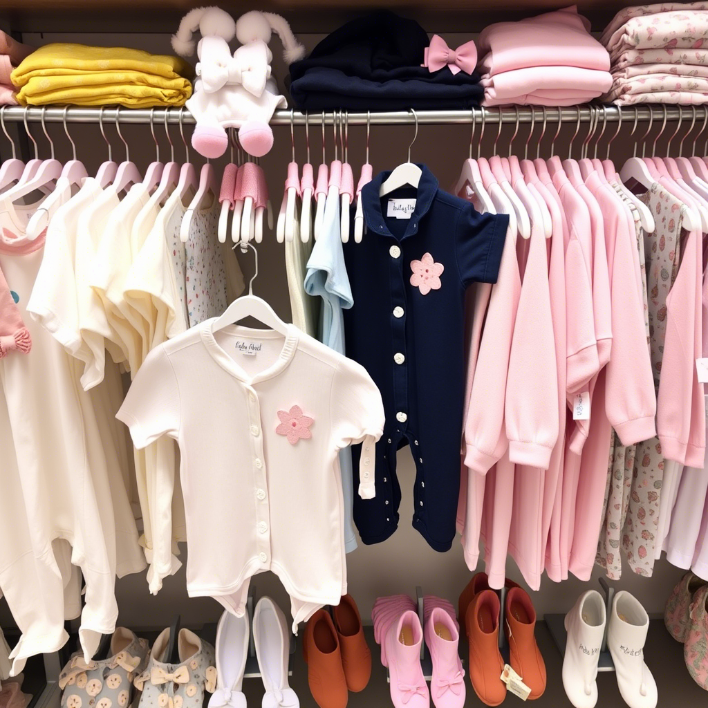 Wholesale baby clothes displayed on a rack with colorful infant accessories