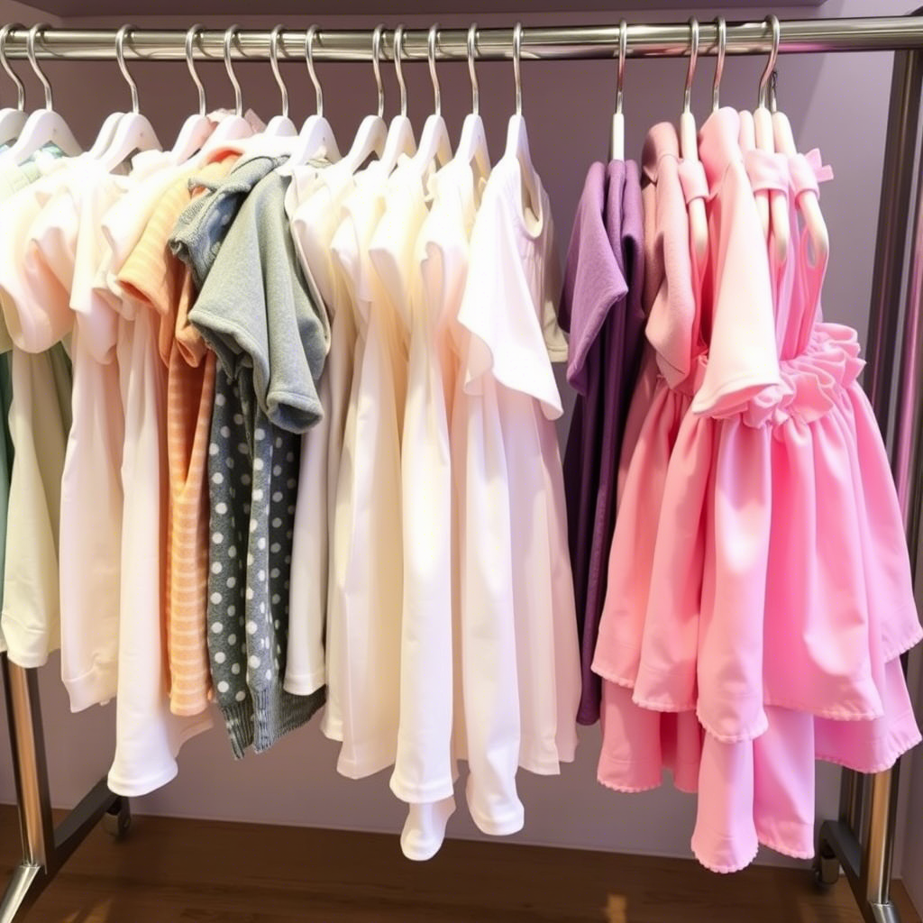 Wholesale baby clothes displayed on a rack with soft pastel colors