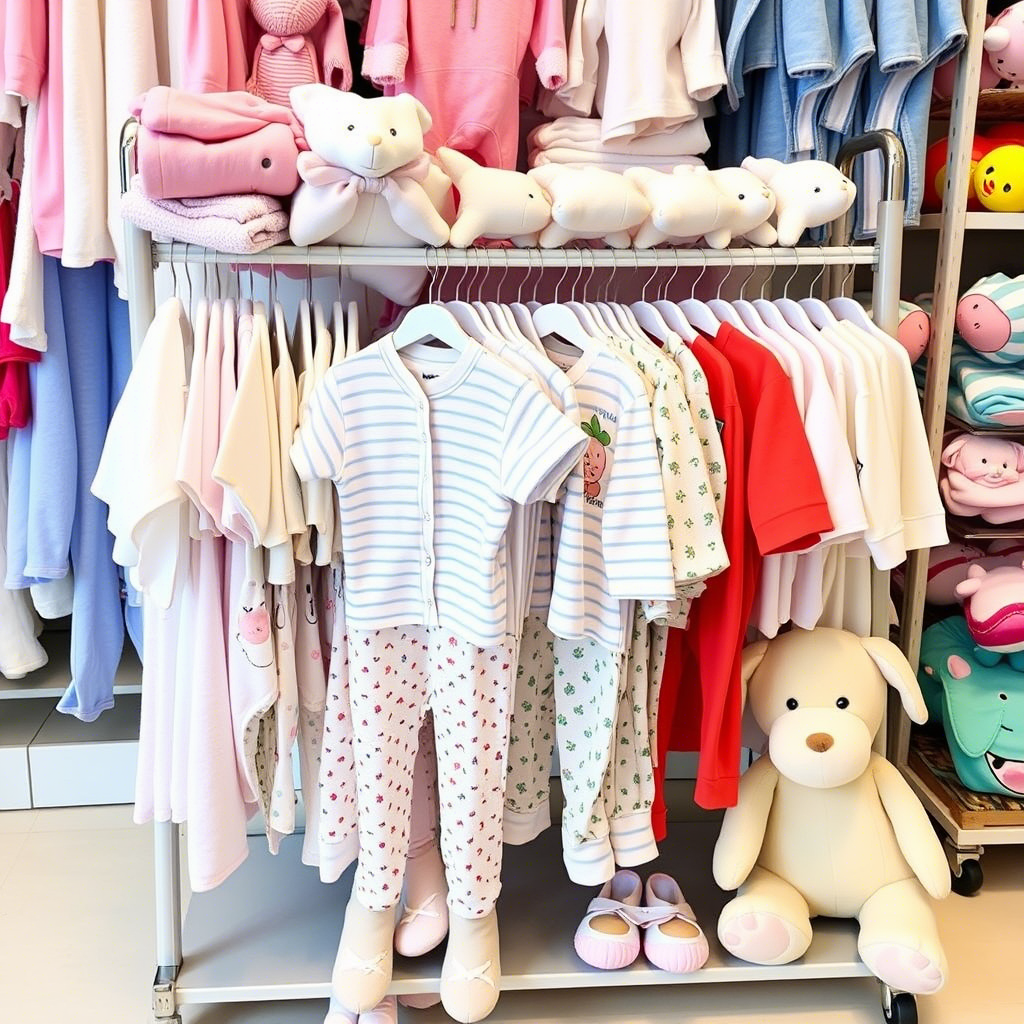 Wholesale baby clothes displayed on a rack with soft toys around