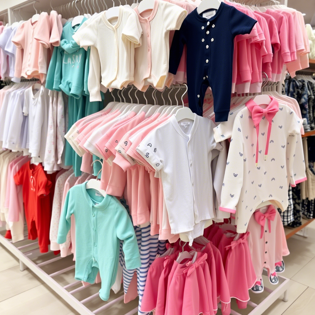 Wholesale baby clothing displayed on a store rack neatly