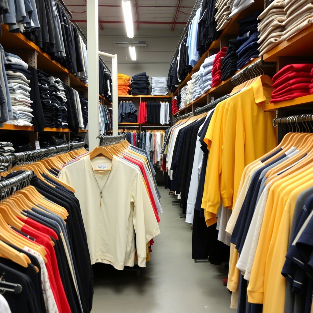 Wholesale boys’ apparel warehouse with neatly stacked clothing racks