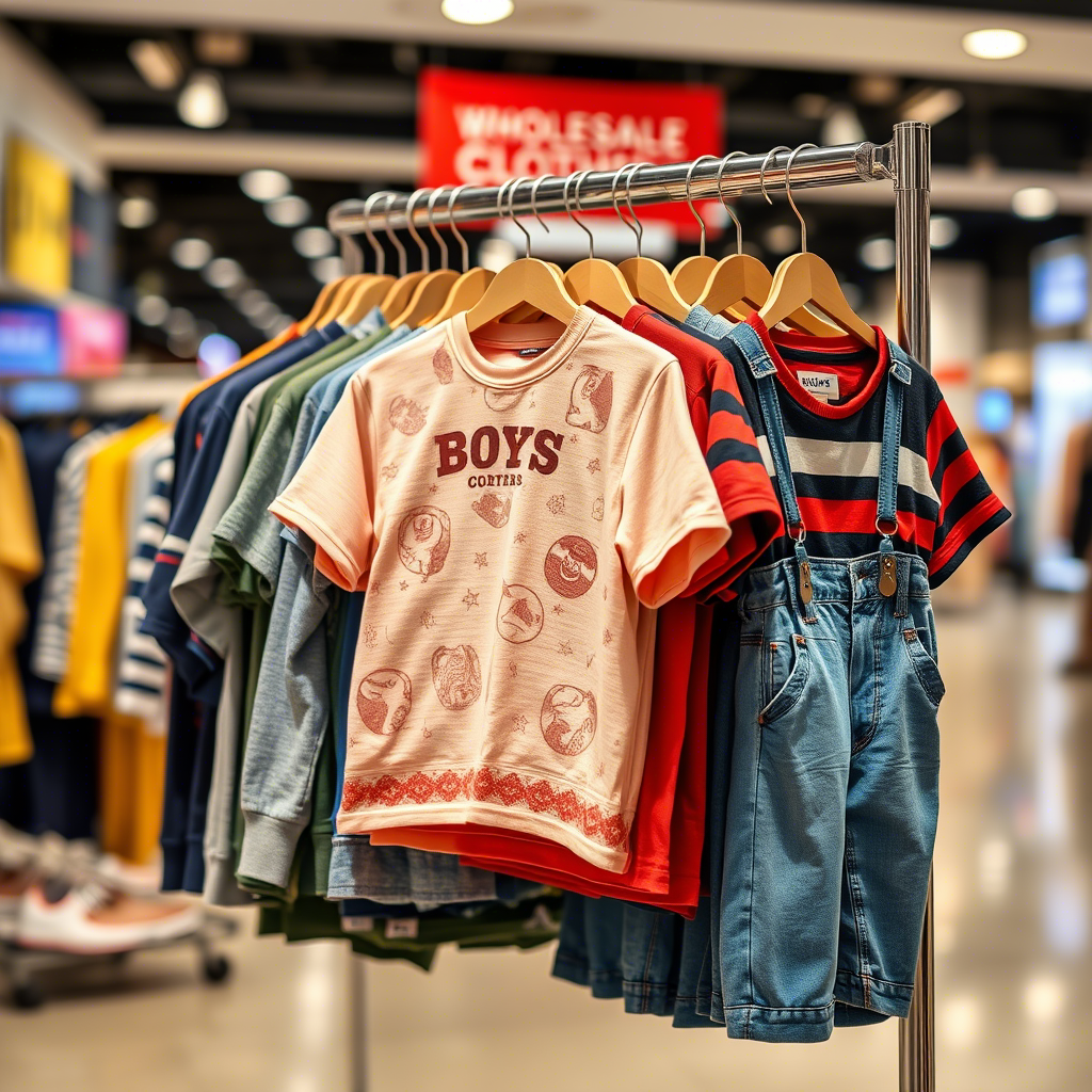 Wholesale boys clothing displayed on a rack with a blurred mall background