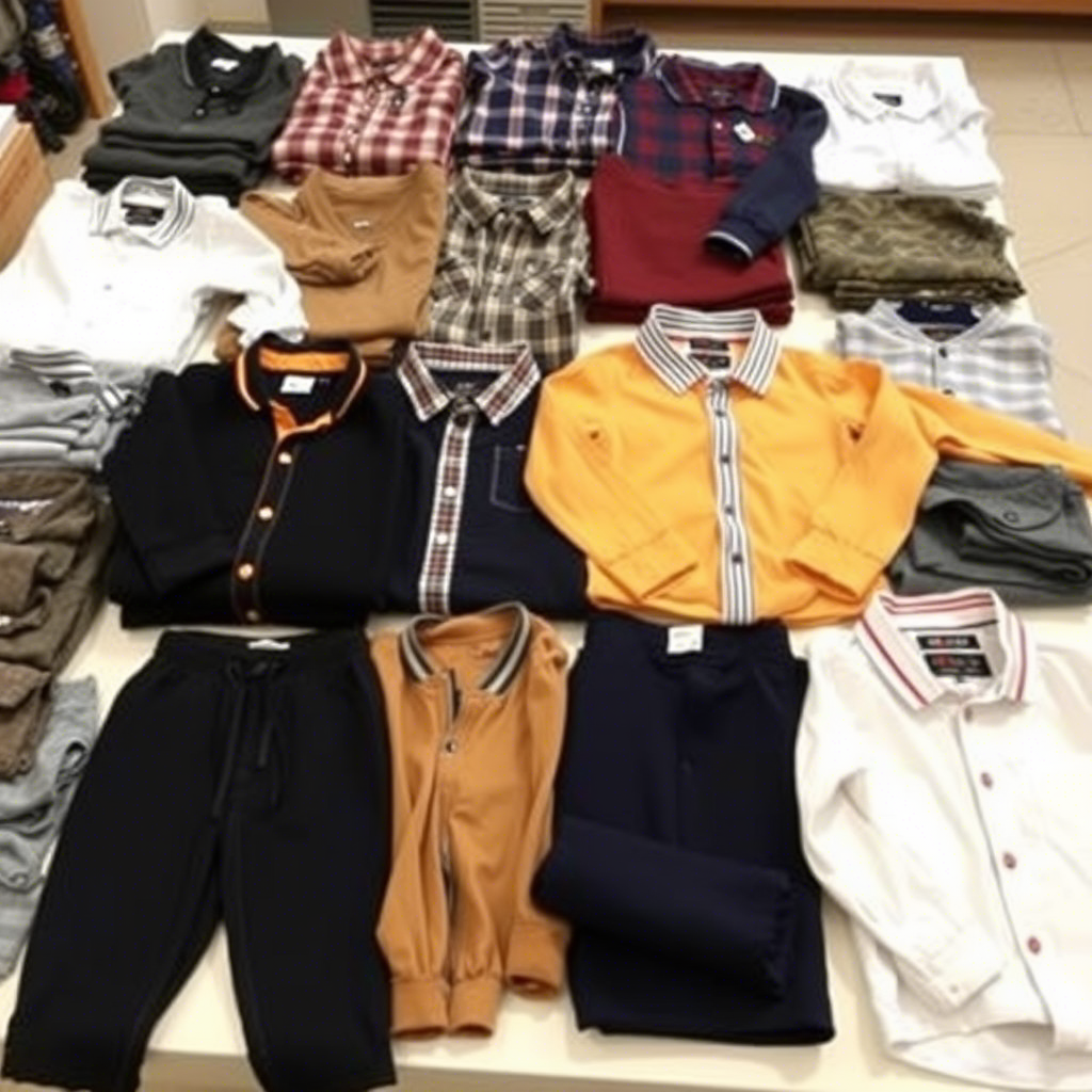 Wholesale boys clothing laid out on a table with various styles and colors