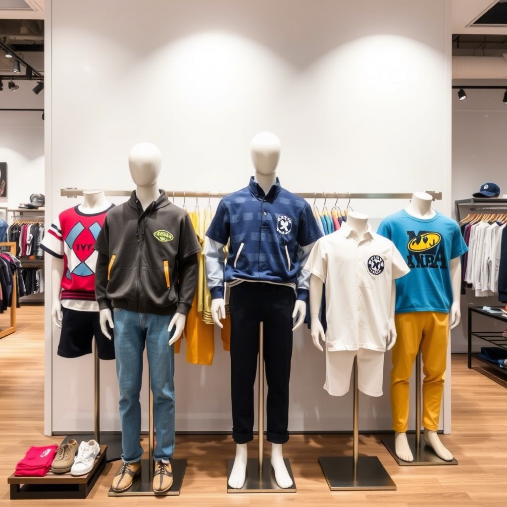 Wholesale boys’ clothing on mannequins displayed in a modern store setting