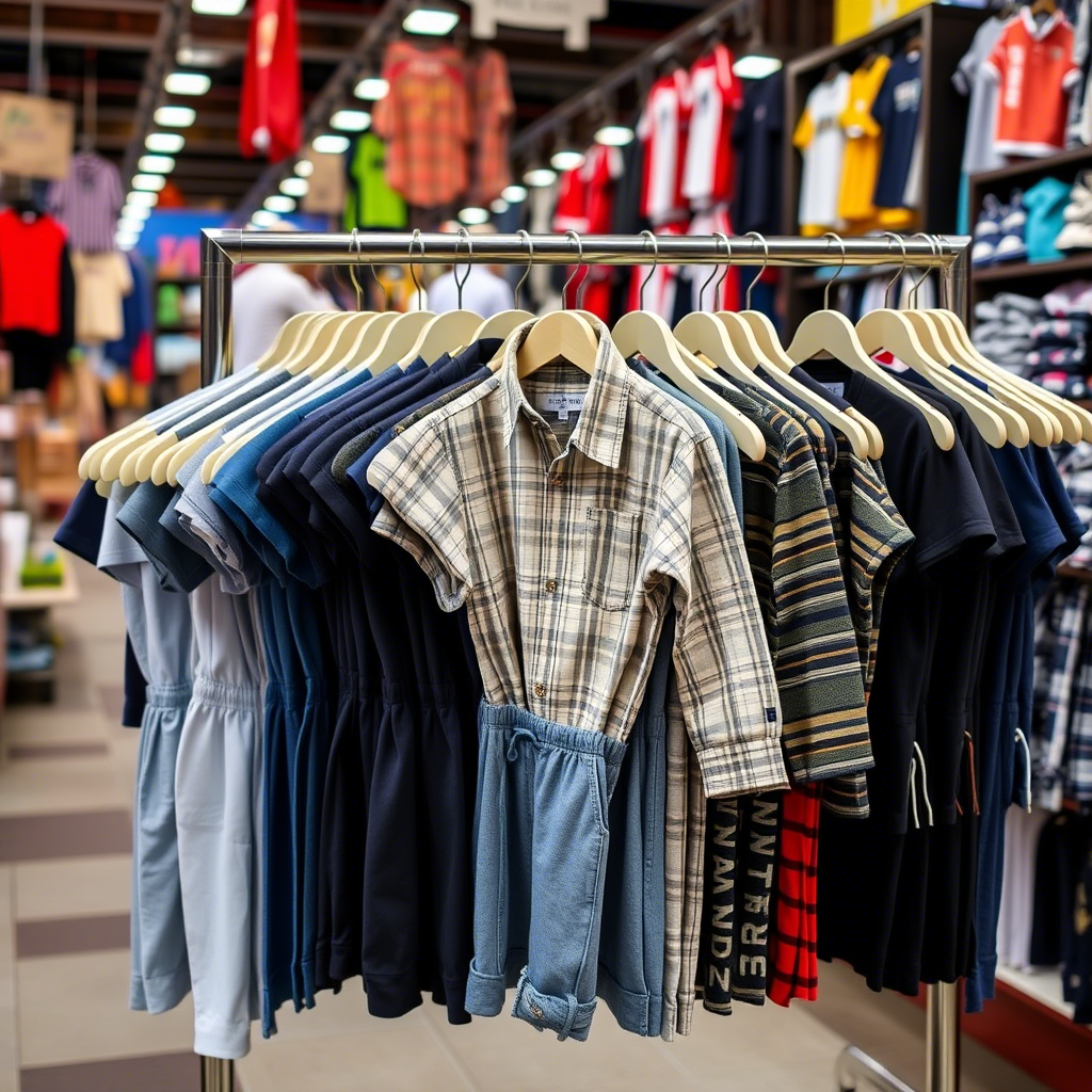 Wholesale boys clothing sets displayed on a rack in a bustling market
