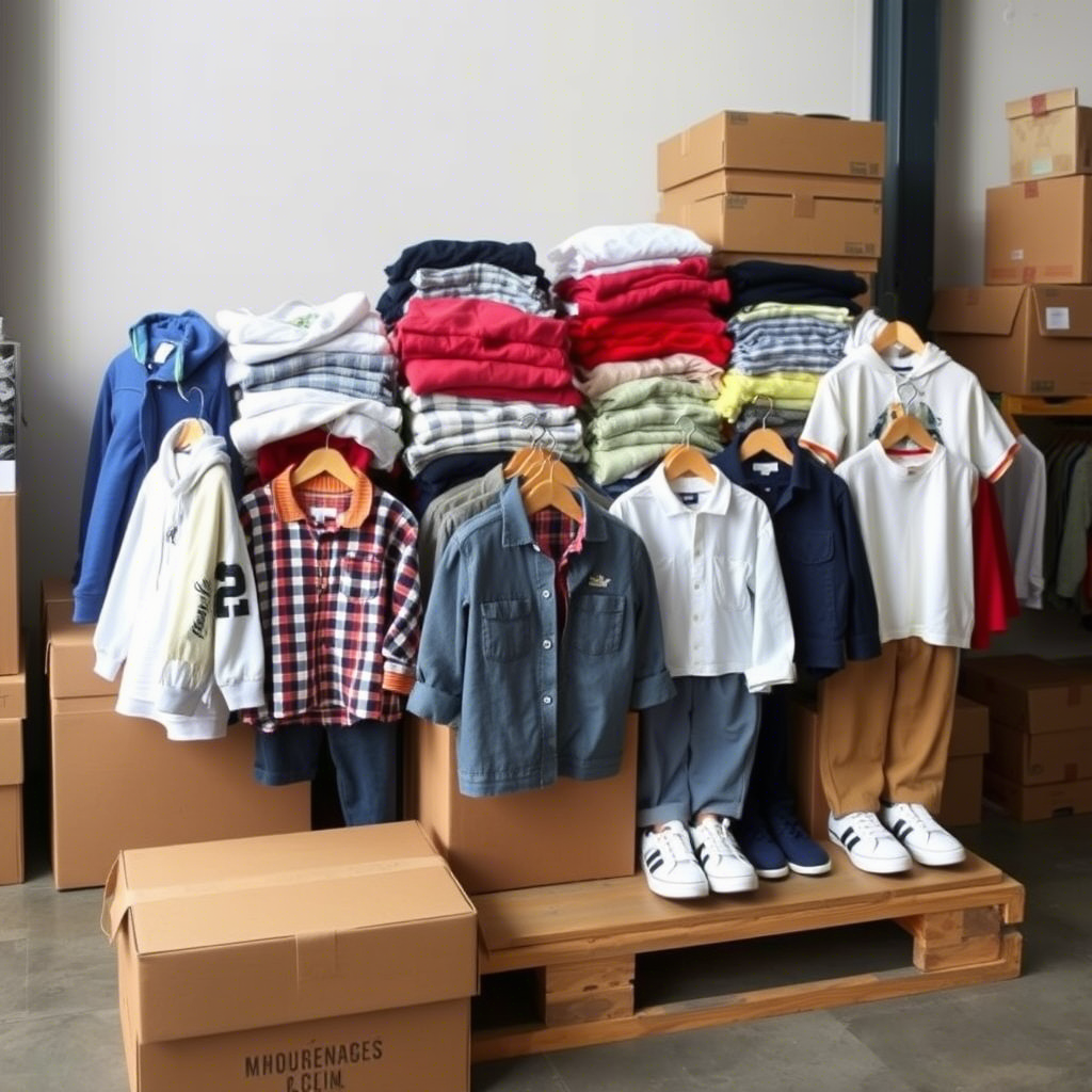 Wholesale boys’ clothing shipment with assorted outfits and packaging boxes