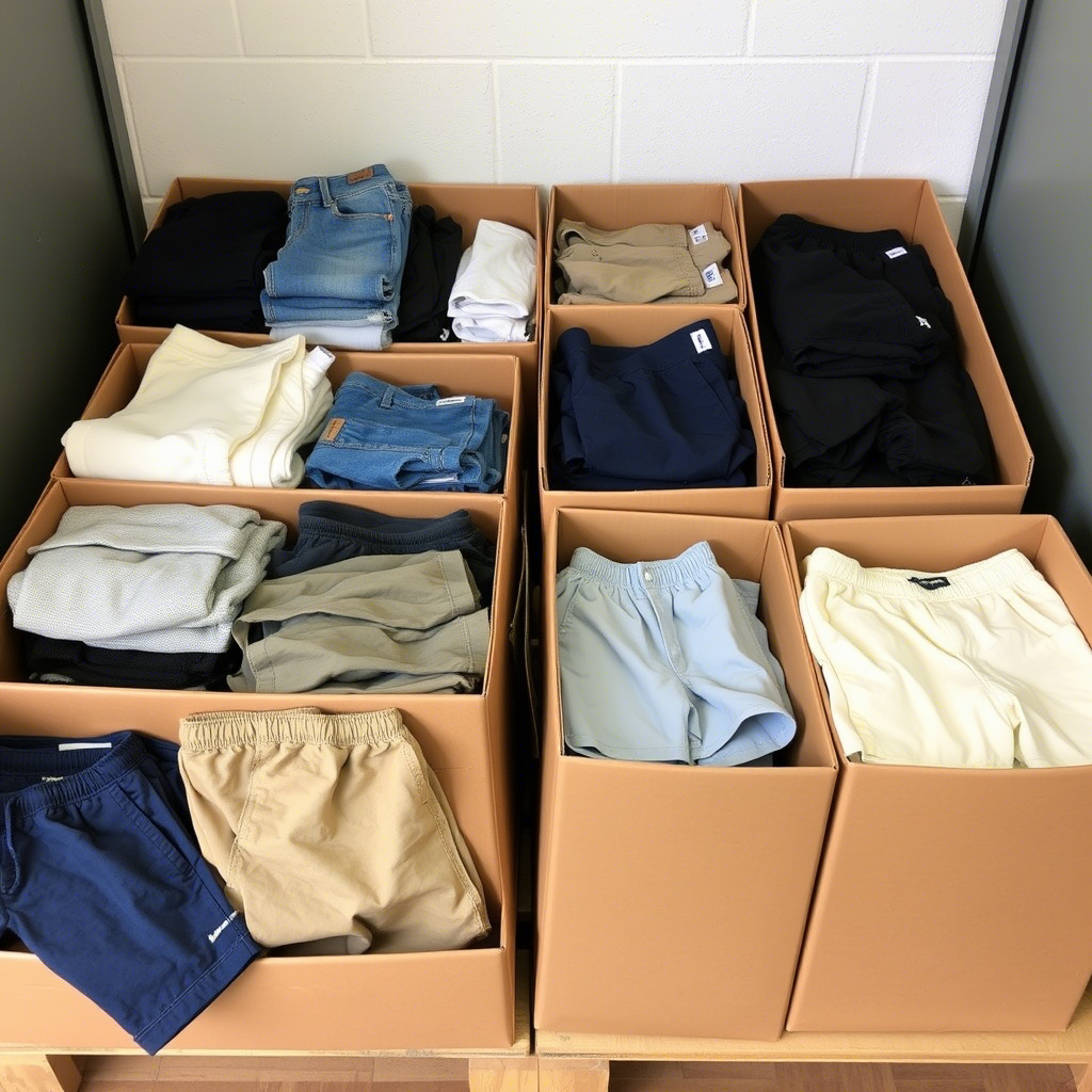 Wholesale boys clothing shipment with boxes of assorted pants and shorts