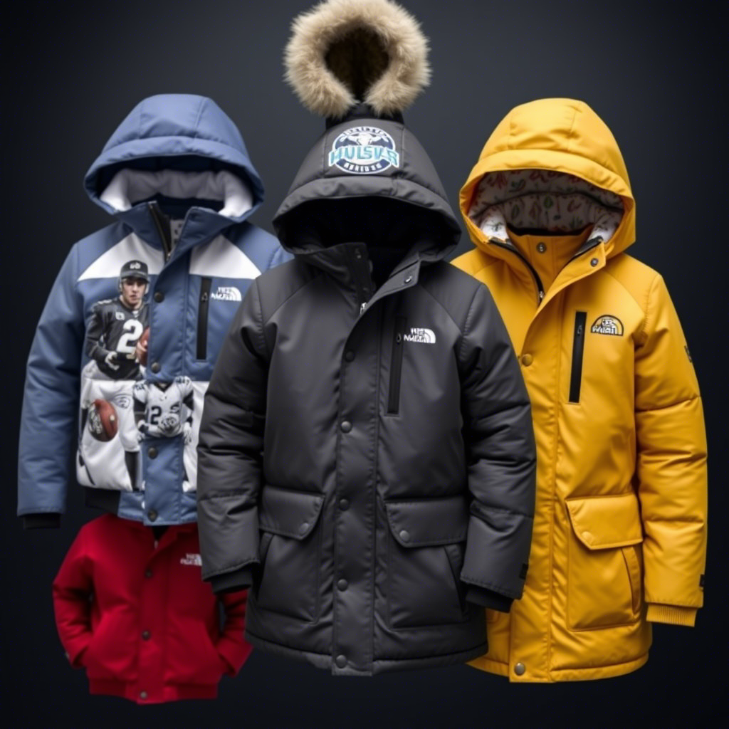 Wholesale boys’ coats with winter sports themes displayed