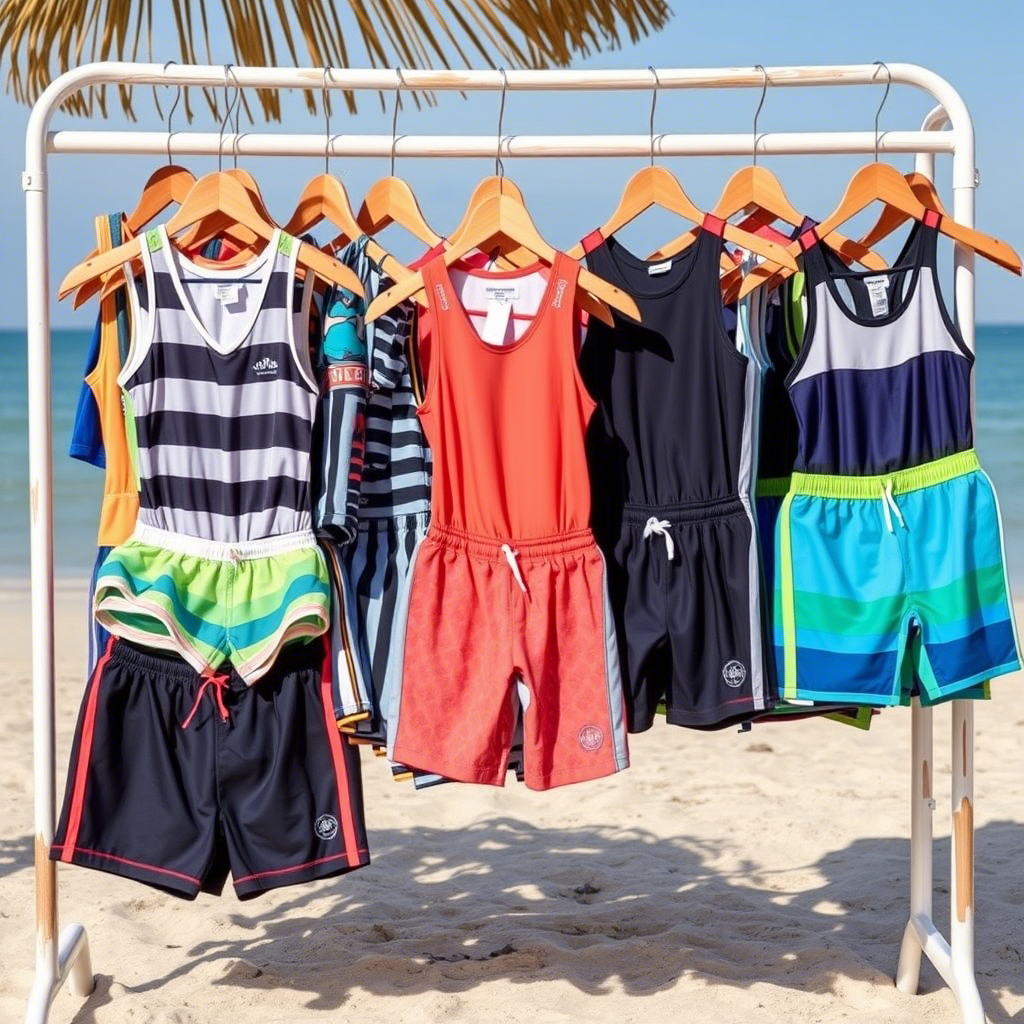 Wholesale boys swimwear displayed on a beachside rack