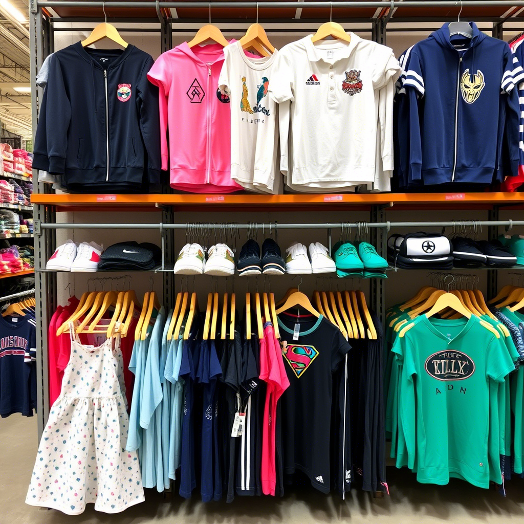 Wholesale children’s apparel displayed on a warehouse shelf