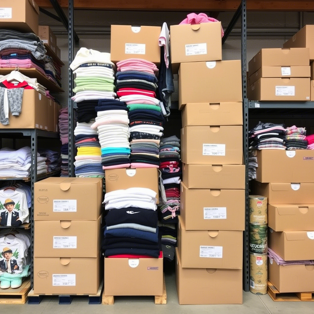Wholesale children’s apparel warehouse with stacked clothing boxes