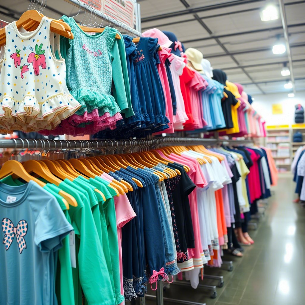 Wholesale children’s clothing displayed on racks in a Chinese warehouse