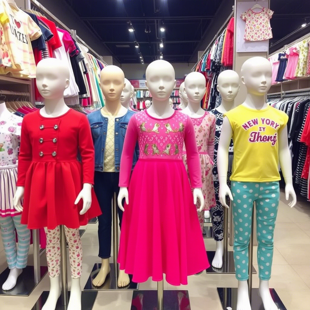 Wholesale children’s clothing distributors with diverse outfits on mannequins