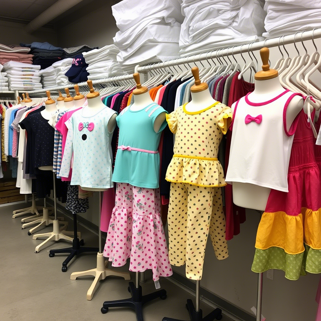 Wholesale children’s clothing on mannequins in a storage room