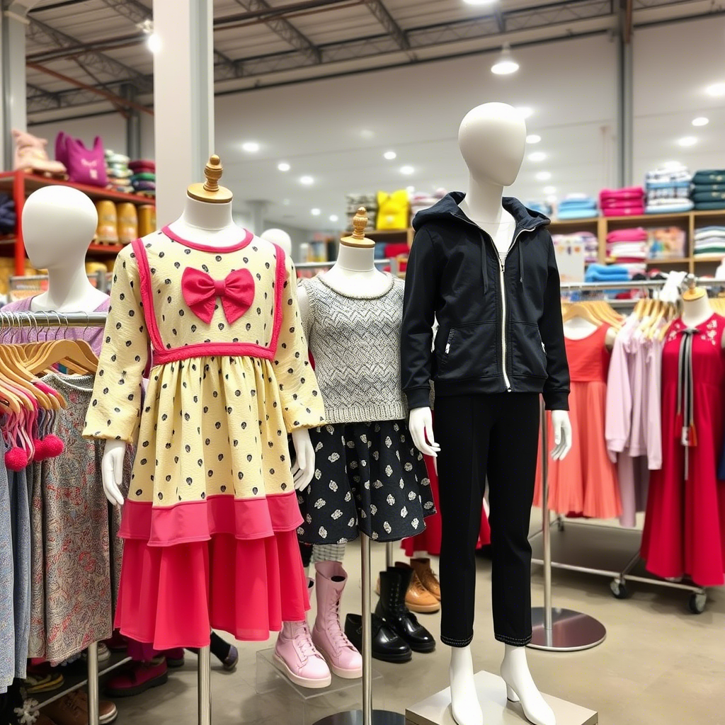 Wholesale children’s fashion clothing displayed on mannequins in a Chinese warehouse
