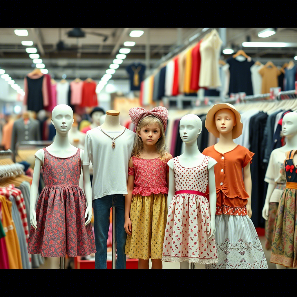 Wholesale clothing market scene with children’s fashion on mannequins