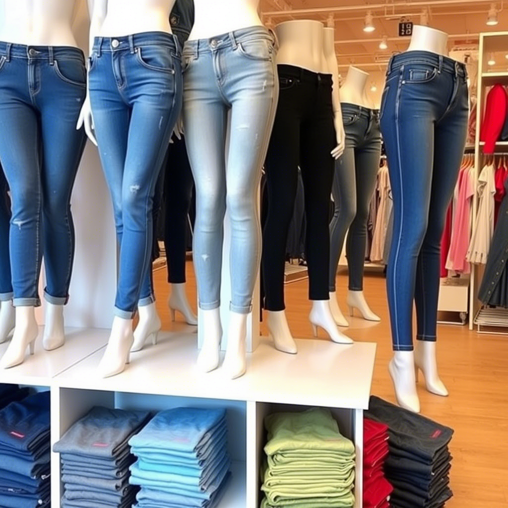 Wholesale clothing store display of girls’ jeans and leggings with mannequins