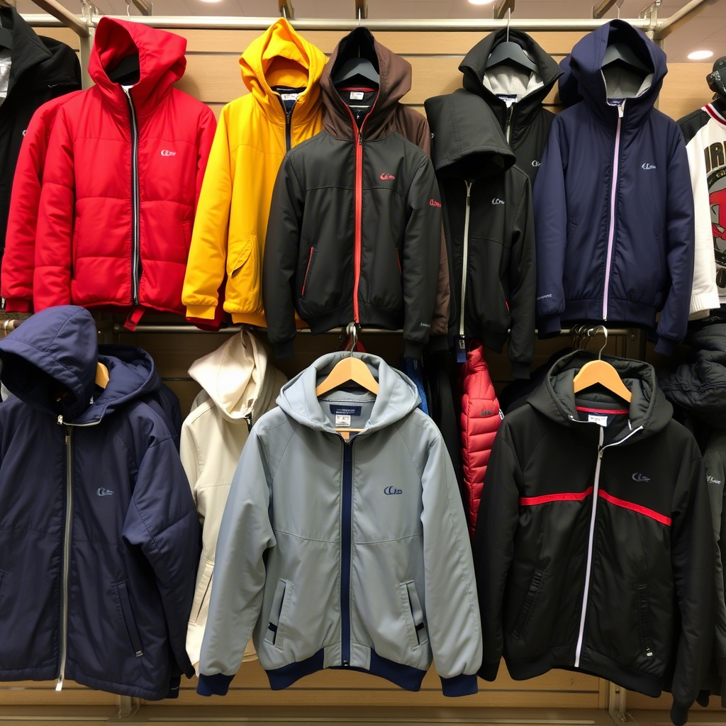 Wholesale clothing store display of various boys jackets and hoodies