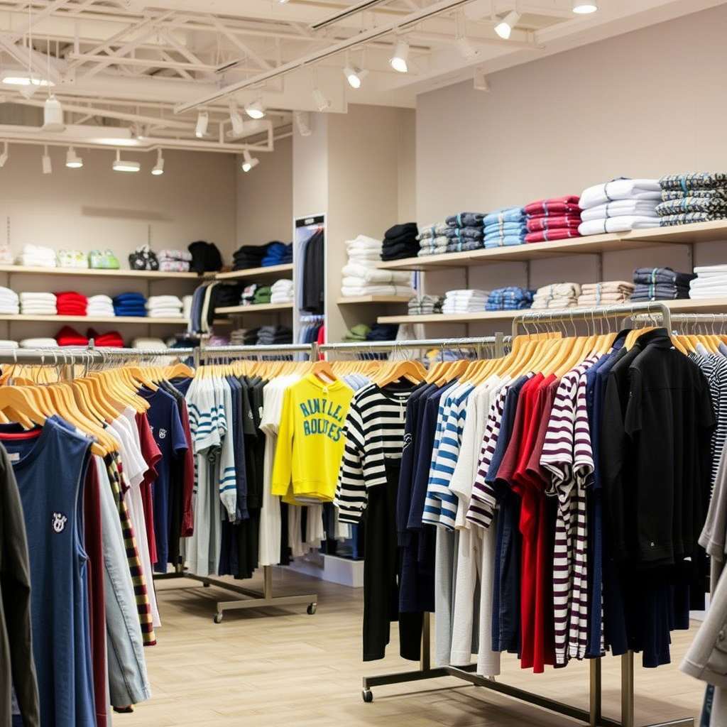 Wholesale clothing store interior with boys’ apparel on racks