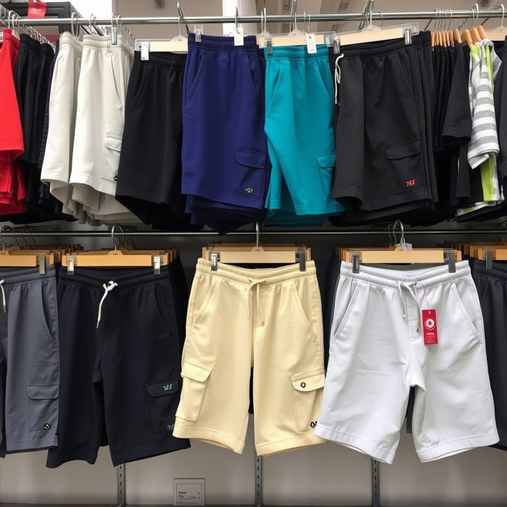 Wholesale clothing store with boys’ pants and shorts on display