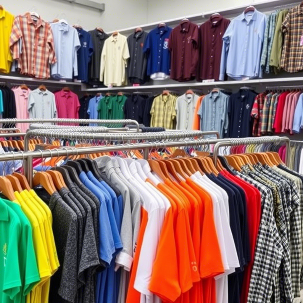 Wholesale clothing store with various boys’ shirts on display racks