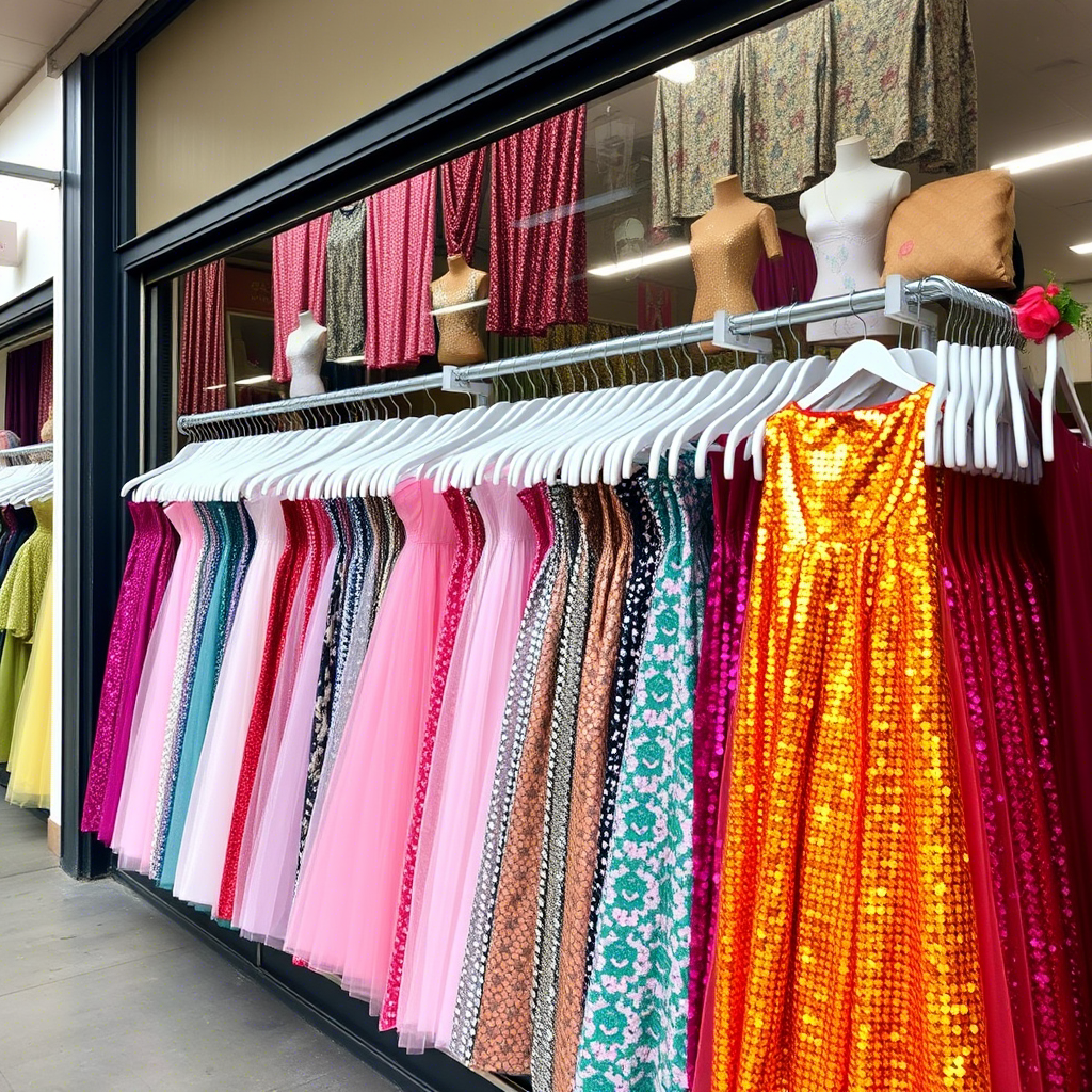 Wholesale clothing storefront with rows of sequined skirts on display