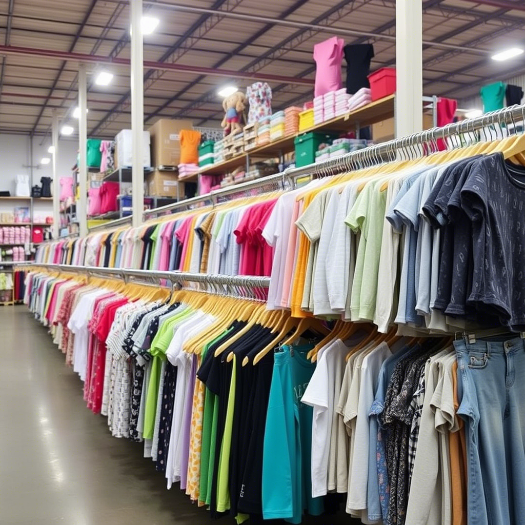 Wholesale clothing supplier warehouse with kids’ apparel on racks