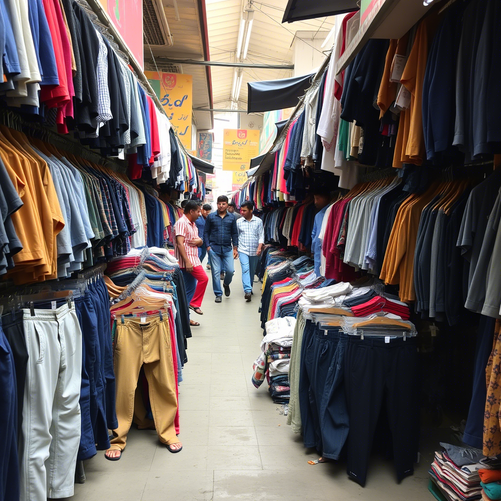 Wholesale clothing vendors displaying boys’ pants in a bustling market