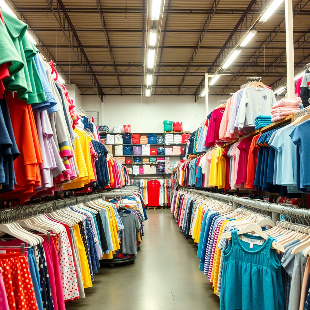 Wholesale clothing warehouse filled with children’s apparel in the USA