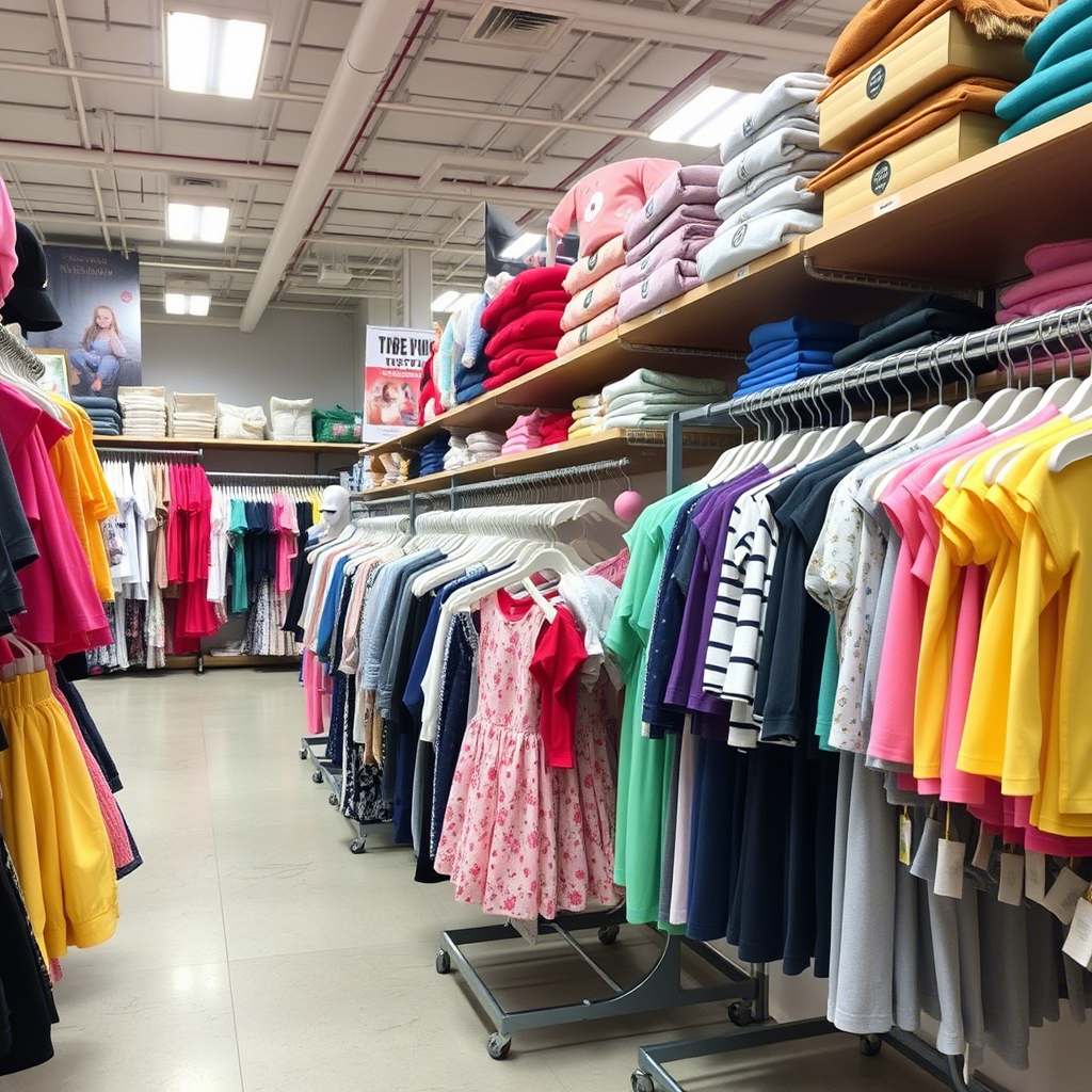 Wholesale clothing warehouse with children’s apparel on display racks
