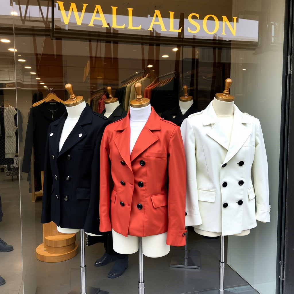 Wholesale fashion jacket collection displayed on mannequins in storefront