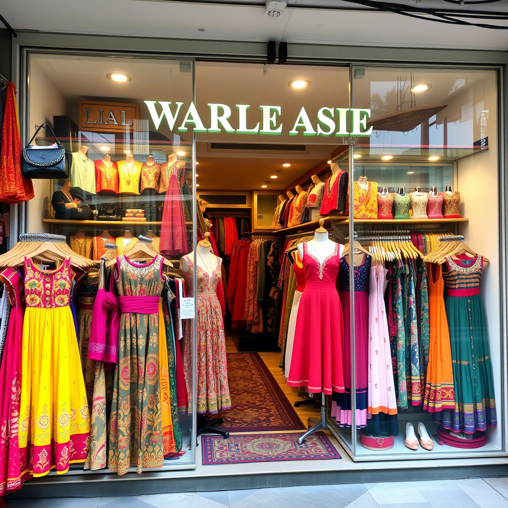 Wholesale fashion storefront with colorful dresses and accessories