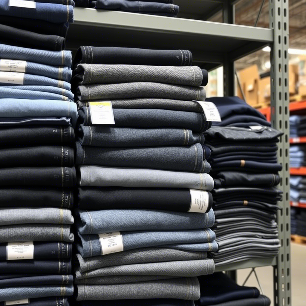 Wholesale jeans and leggings stacked on a warehouse shelf