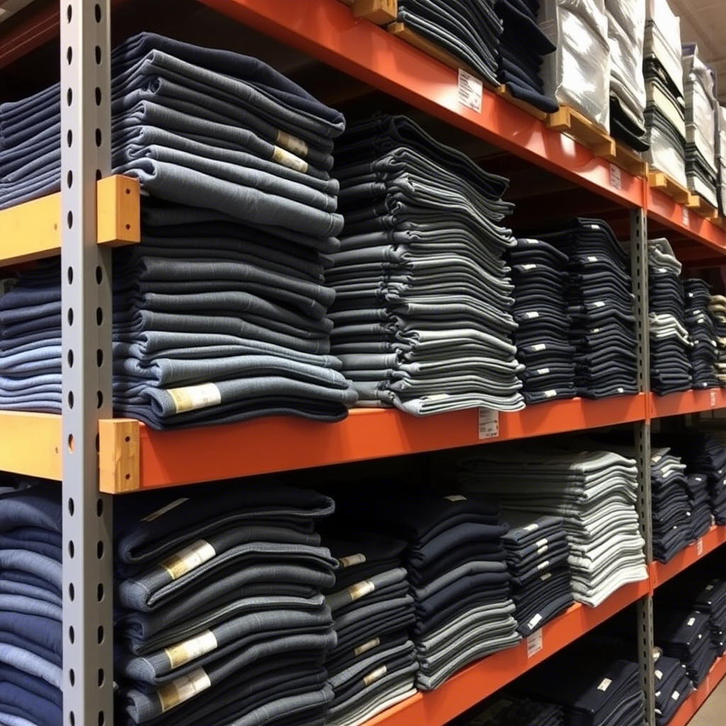 Wholesale jeans and trousers stacked on a warehouse shelf