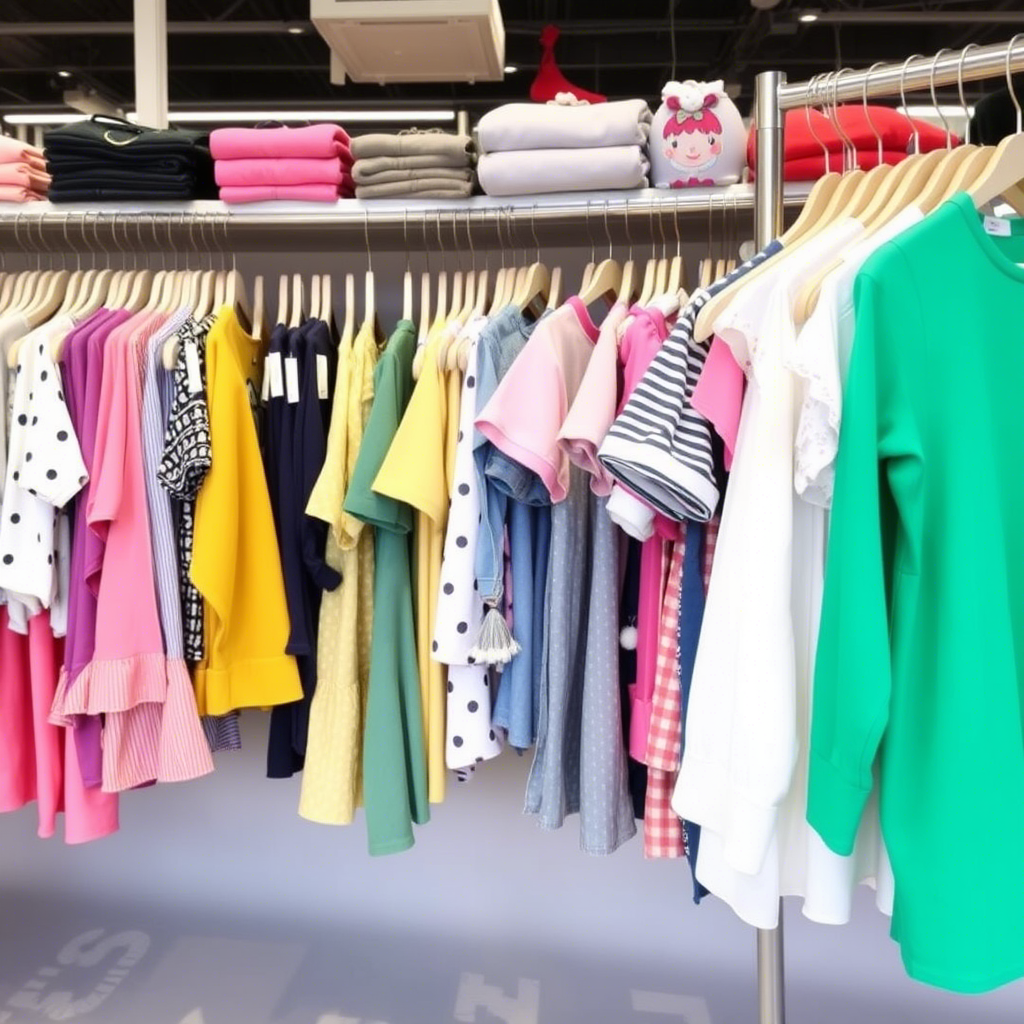 Wholesale kids apparel clothing racks filled with diverse, stylish garments