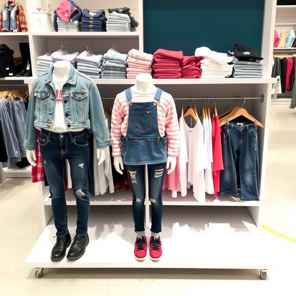 Wholesale kids apparel display with trendy jeans outfits