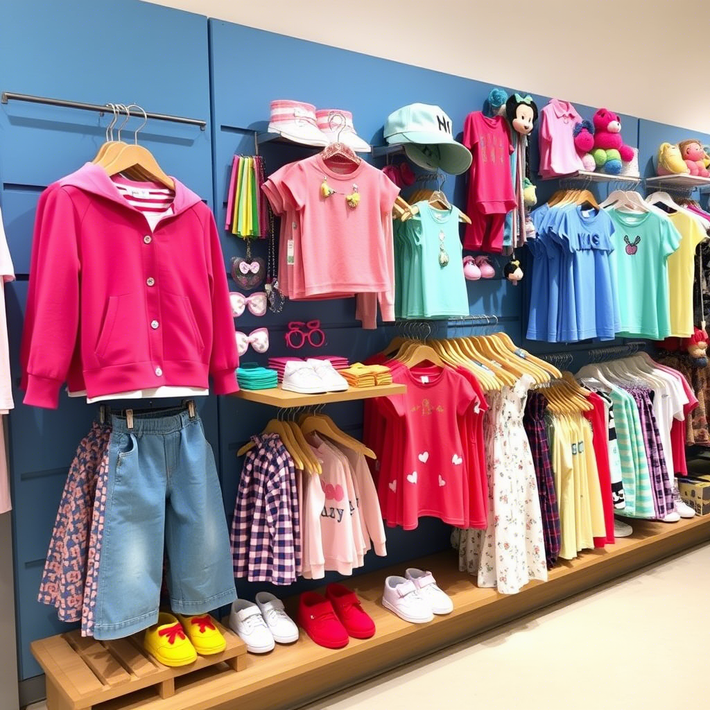 Wholesale kids apparel display with vibrant toddler clothes and accessories