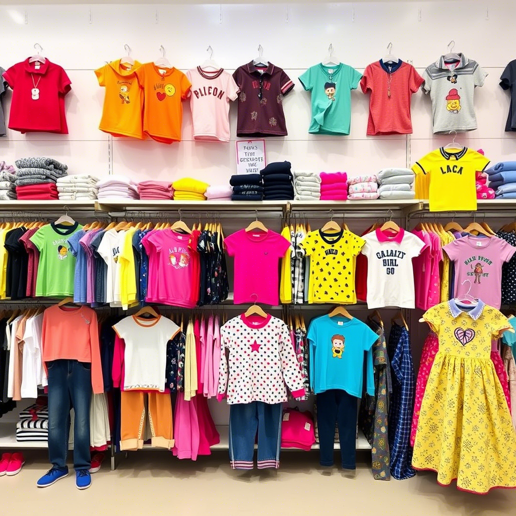 Wholesale kids’ apparel factory outlet with colorful garments display