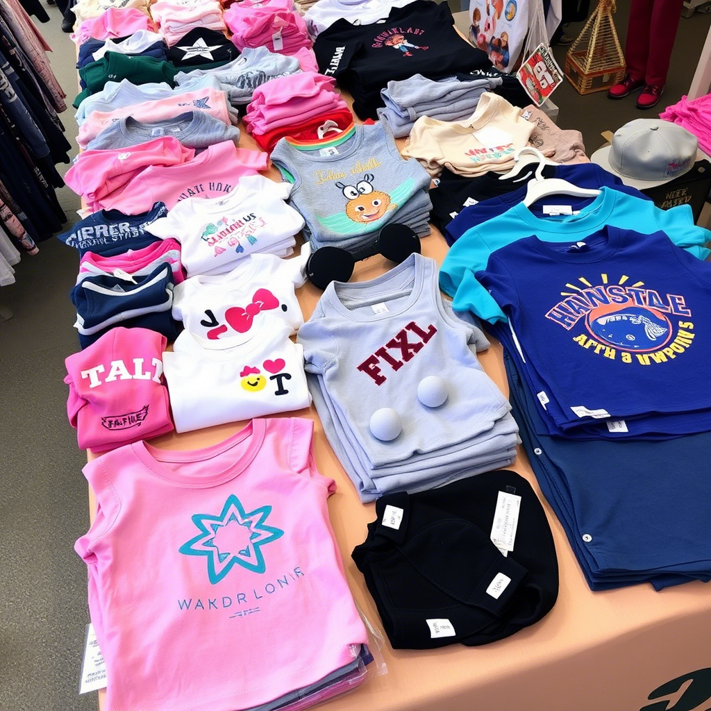 Wholesale kids apparel laid out on a market table