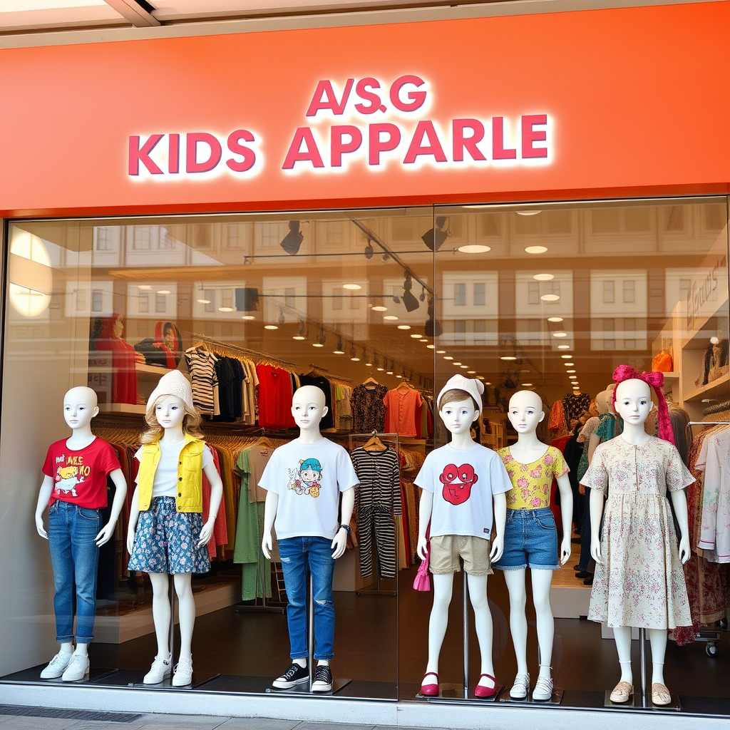 Wholesale kids apparel storefront with mannequins in trendy outfits