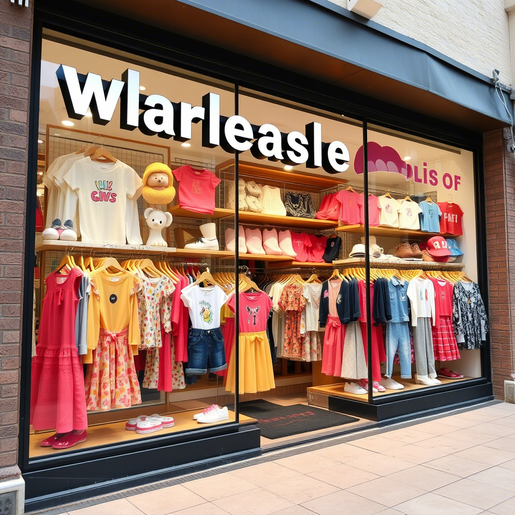 Wholesale kids apparel storefront with playful outfits on display