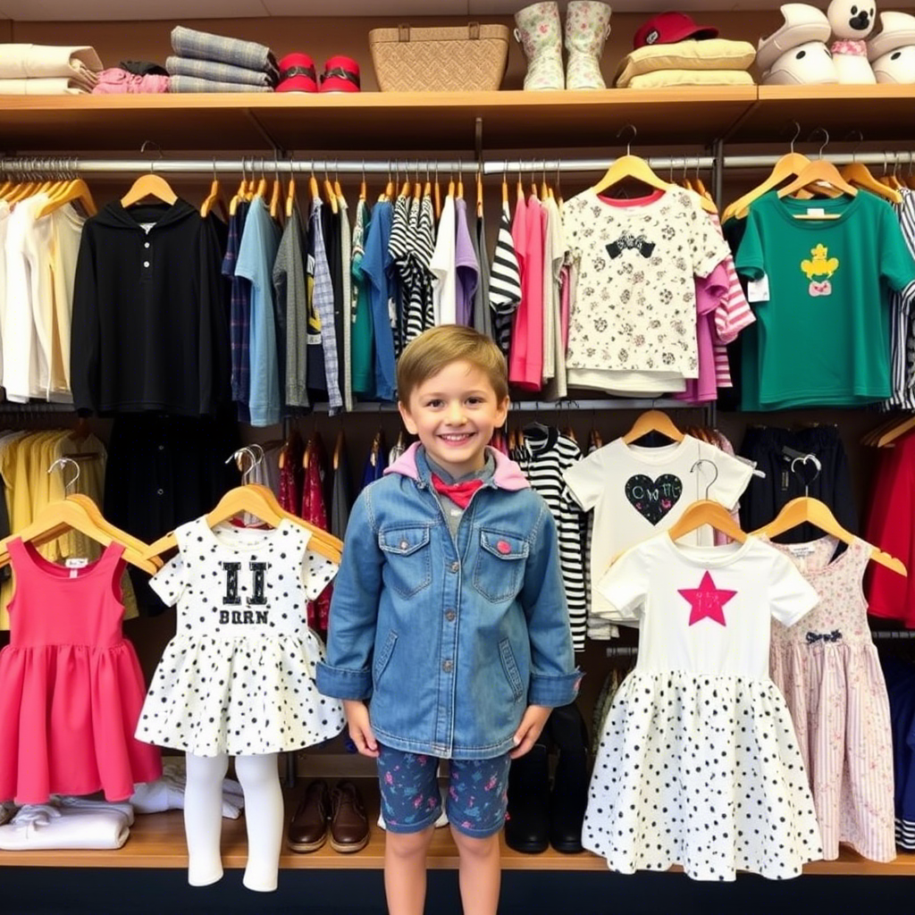 Wholesale kids’ apparel supplier showroom with assorted outfits