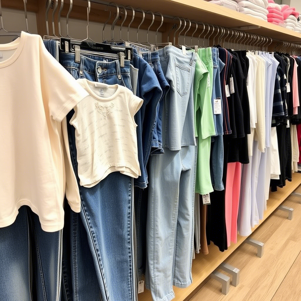 Wholesale kids clothing display featuring assorted jeans and leggings styles
