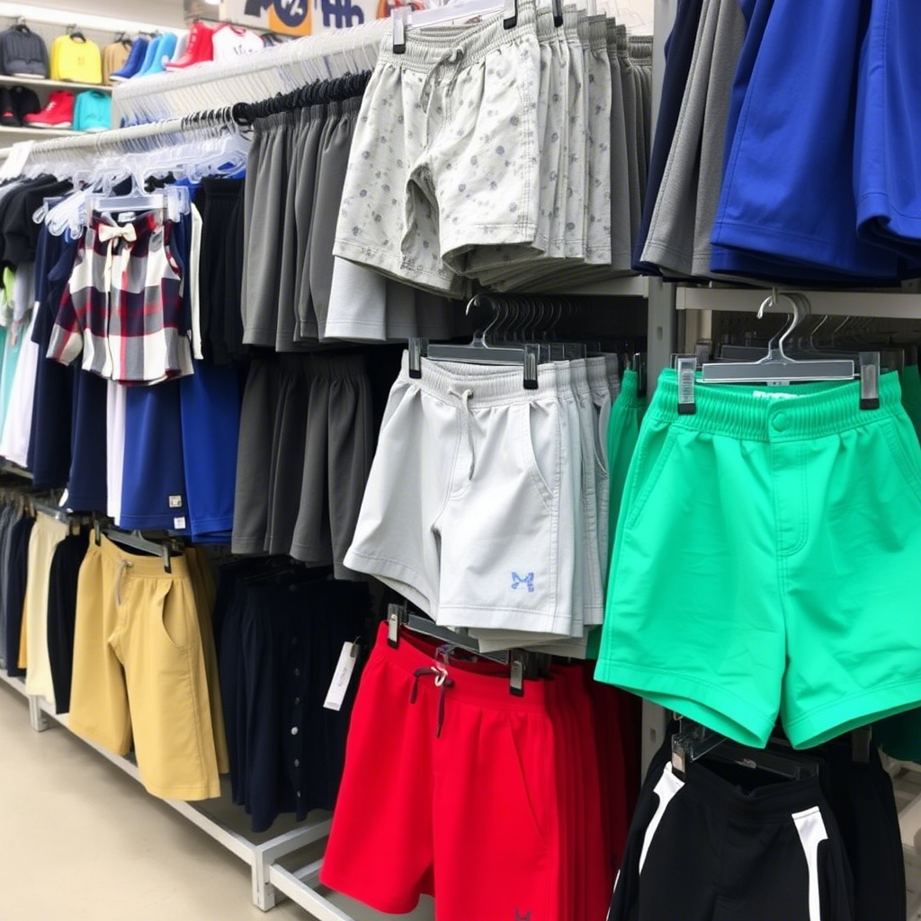 Wholesale kids’ clothing display with assorted boys’ shorts and pants on racks