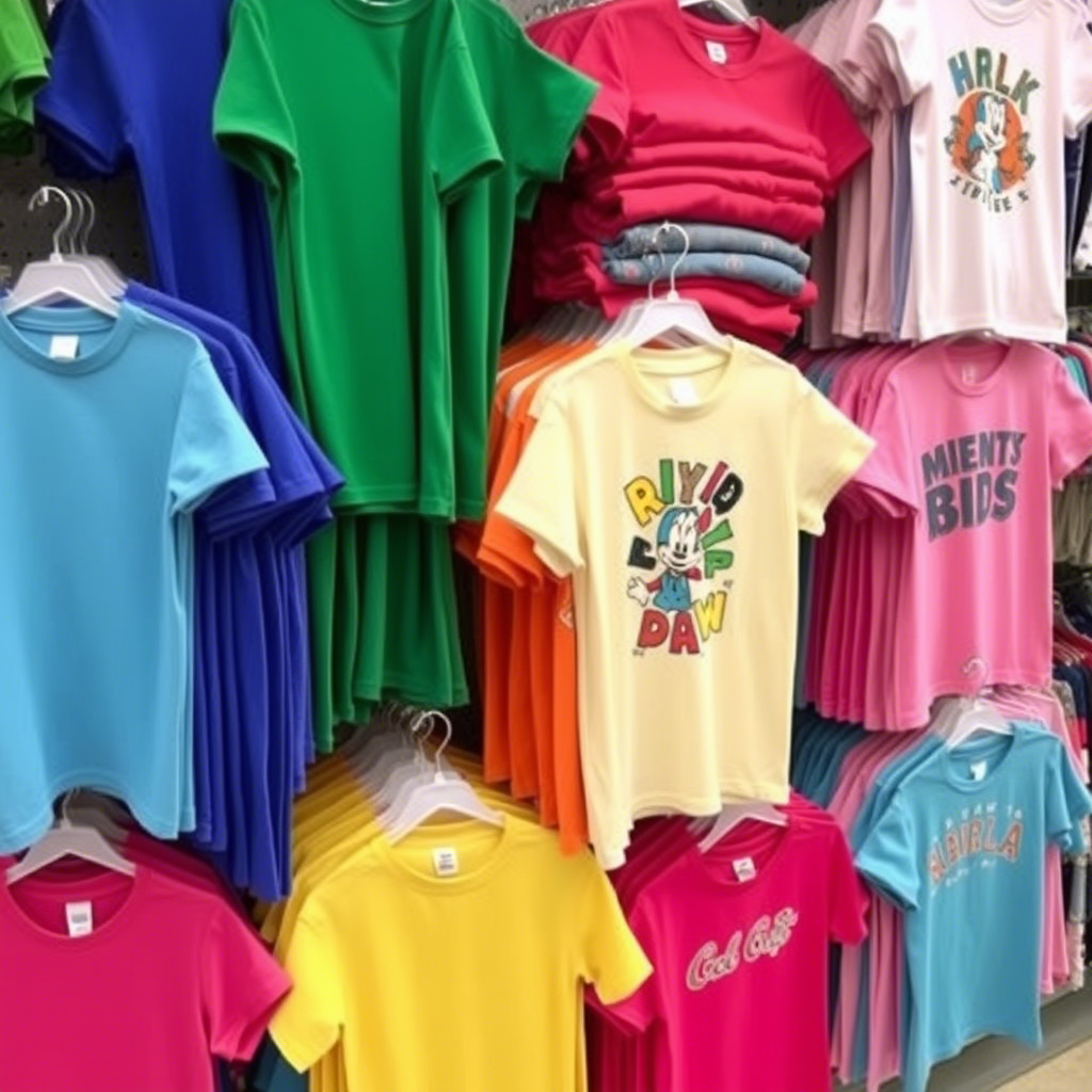 Wholesale kids’ clothing display with assorted t-shirts and shirts for sale