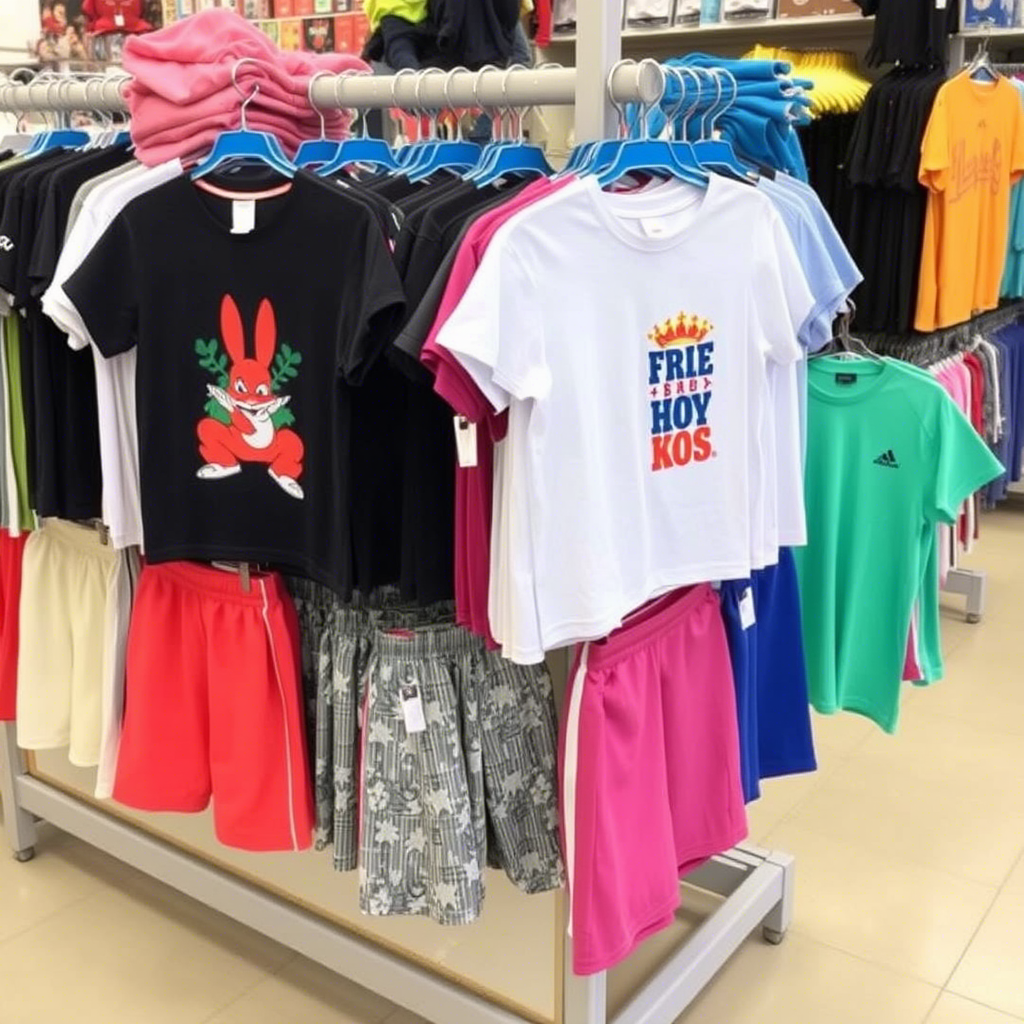 Wholesale kids clothing display with assorted t-shirts and shorts