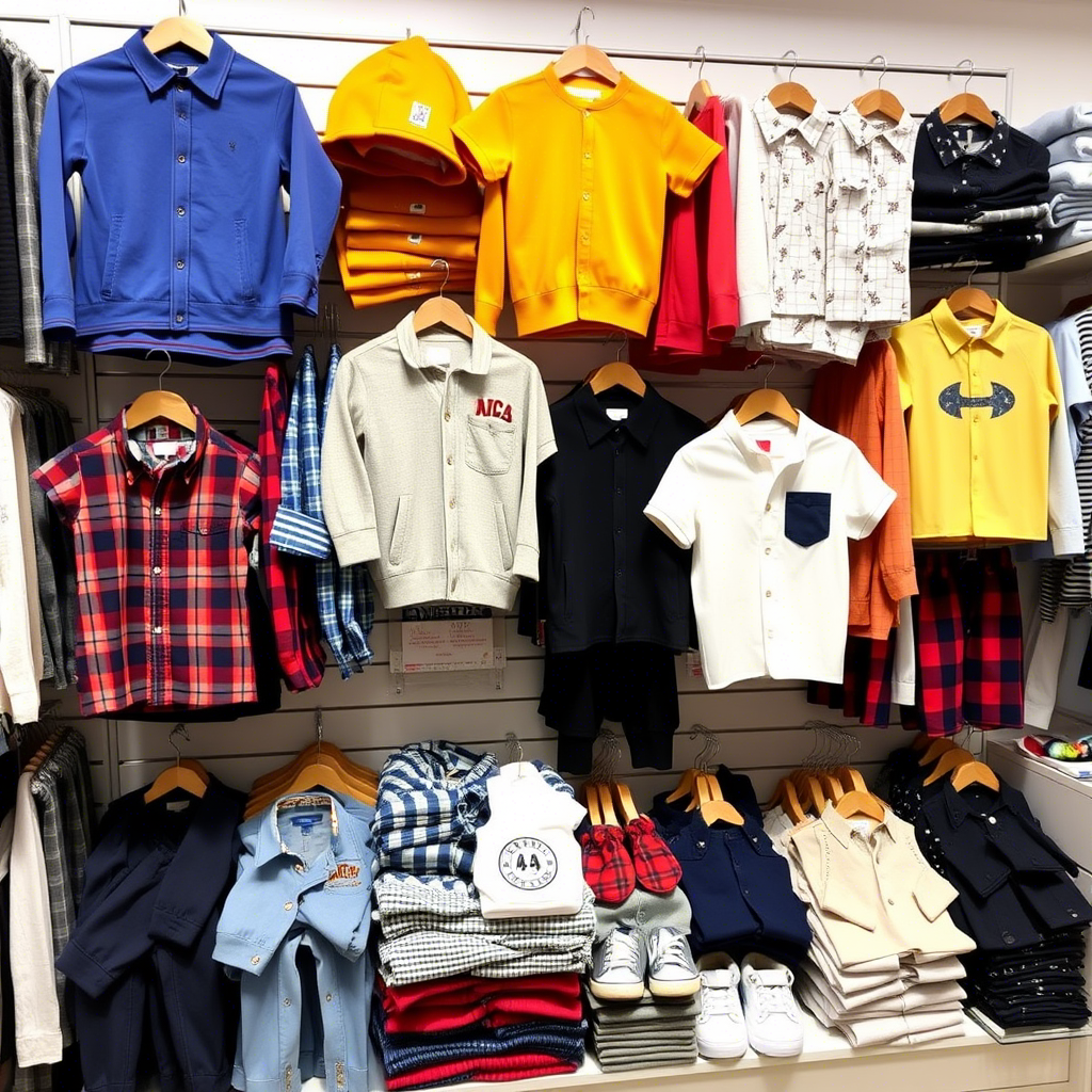 Wholesale kids clothing display with diverse boy outfits arranged neatly